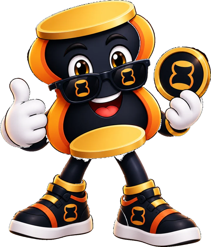 The GRIOT mascot, a talking drum in sunglasses, giving a thumbs up and holding a GRIOT coin